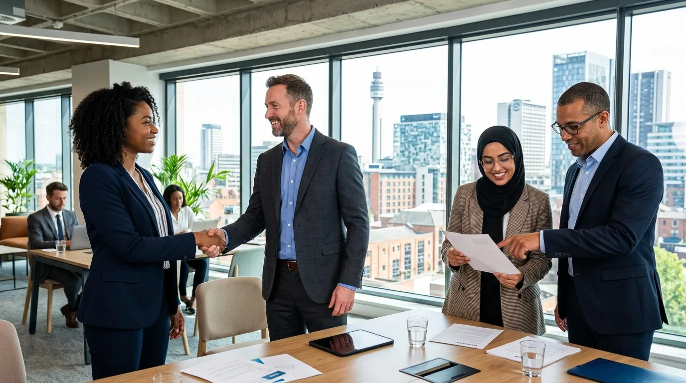 Dynamic hero image showing a diverse group of professional candidates and recruiters in a modern Bir... Dynamic hero image showing a diverse group of professional candidates and recruiters in a modern Birmingham office setting, shaking hands and reviewing documents, with the Birmingham skyline visible through a window. Style: professional, aspirational, high-contrast.