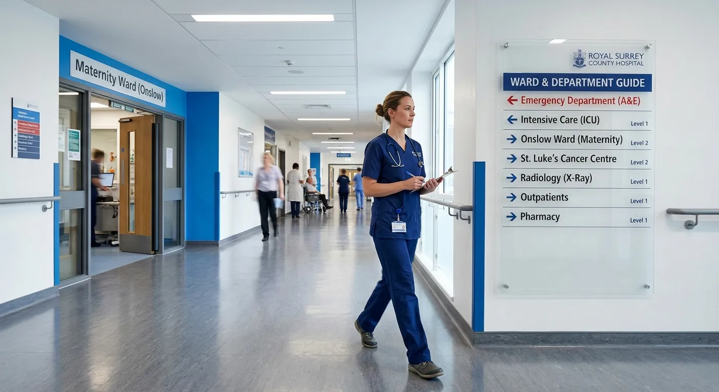 A modern, bright corridor in the Royal Surrey County Hospital, Guildford, with a nurse in scrubs wal... A modern, bright corridor in the Royal Surrey County Hospital, Guildford, with a nurse in scrubs walking purposefully past a clear signpost pointing to different wards
