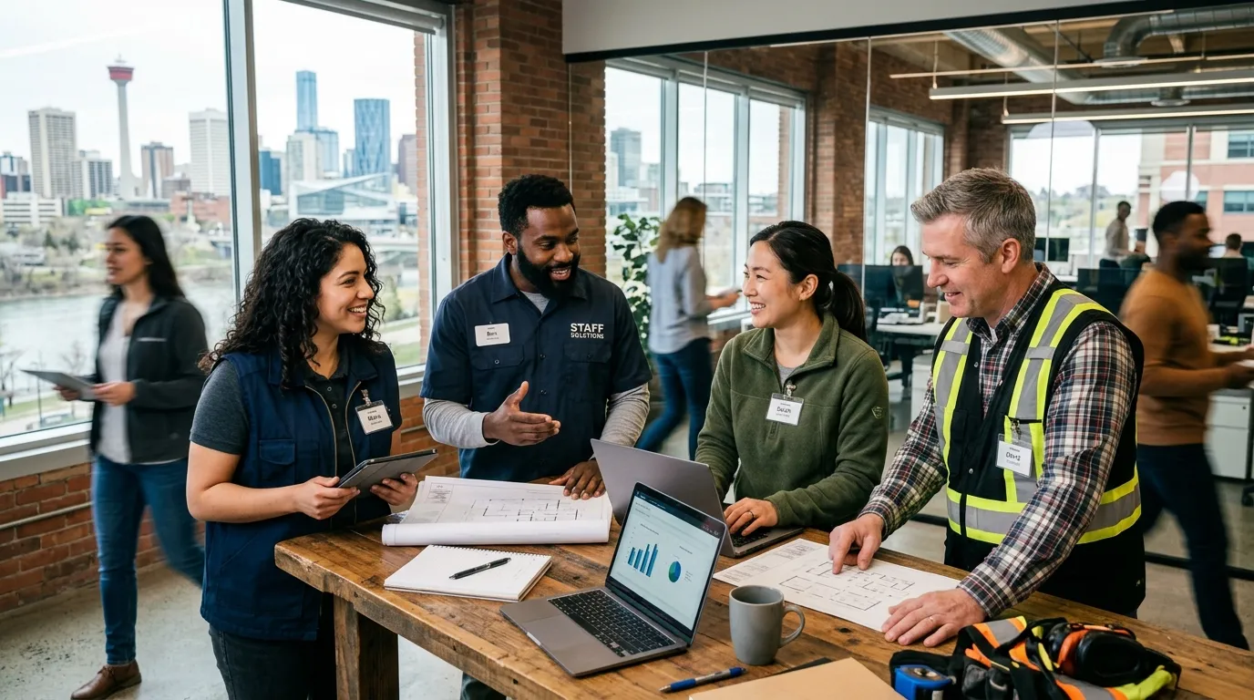A dynamic, professional hero image showing a diverse group of temp workers collaborating in a modern Edmonton office or industrial setting, with the Edmonton skyline subtly visible. Style: Authentic, high-energy, professional. Mood: Confident, efficient, and solution-oriented.