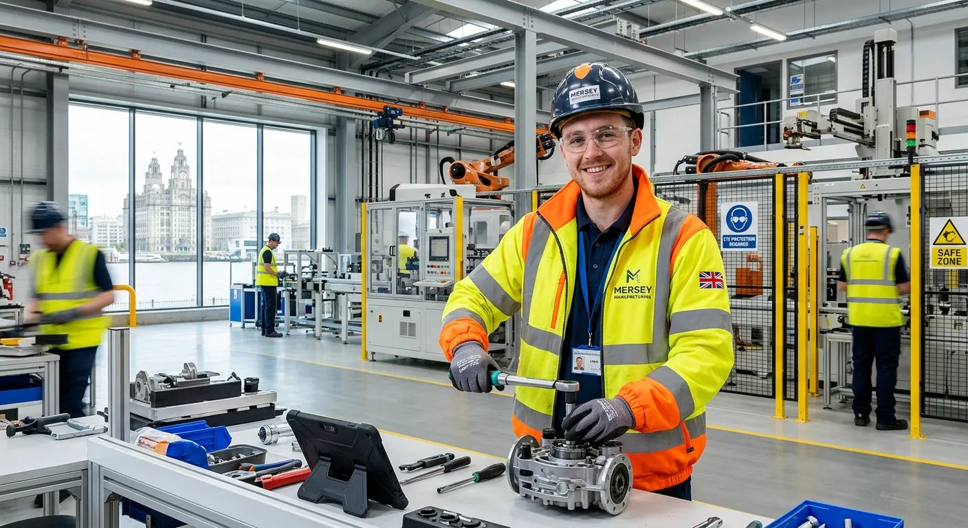 A professional, friendly-looking factory operative in high-visibility clothing, smiling and working... A professional, friendly-looking factory operative in high-visibility clothing, smiling and working safely in a clean, modern Liverpool-based manufacturing facility.