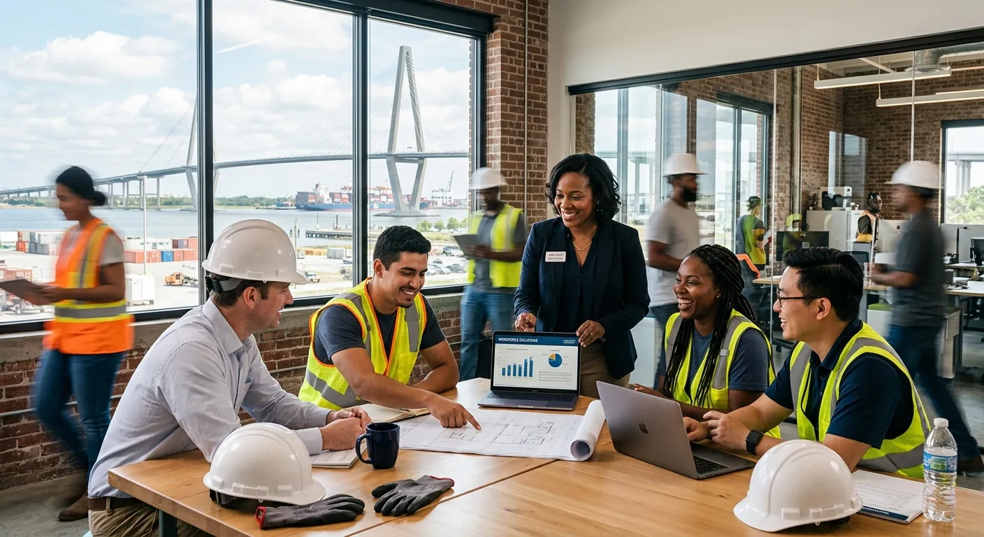 A dynamic, professional photo of a diverse group of temporary workers and a staffing consultant coll... A dynamic, professional photo of a diverse group of temporary workers and a staffing consultant collaborating in a modern Charleston office or light industrial setting, with the Arthur Ravenel Jr. Bridge visible through a window. Style: Professional, bright, and energetic.