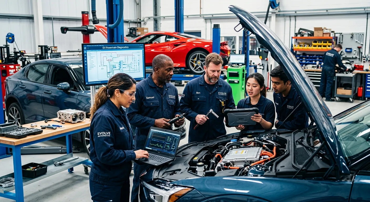 Professional and dynamic image showing a diverse team of automotive technicians and engineers collaborating in a modern workshop or garage, with vehicles and technology in the background. Style should be vibrant, high-contrast, and convey innovation and skill.