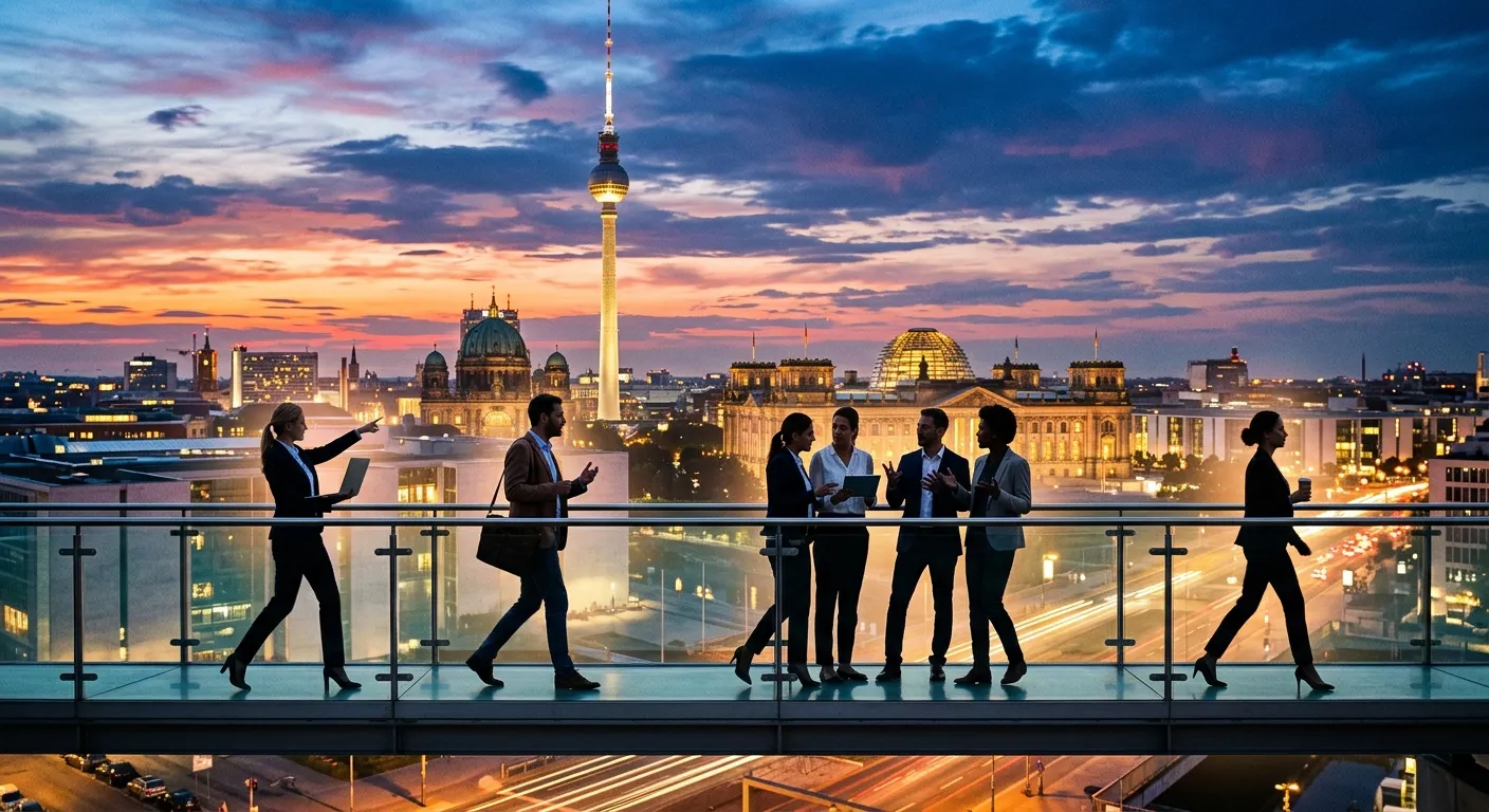 A dynamic, high-contrast photo of the Berlin skyline (TV Tower, Reichstag) at dusk, overlaid with si... A dynamic, high-contrast photo of the Berlin skyline (TV Tower, Reichstag) at dusk, overlaid with silhouettes of diverse professionals. Style: Modern, professional, energetic. Mood: Innovative and forward-thinking.