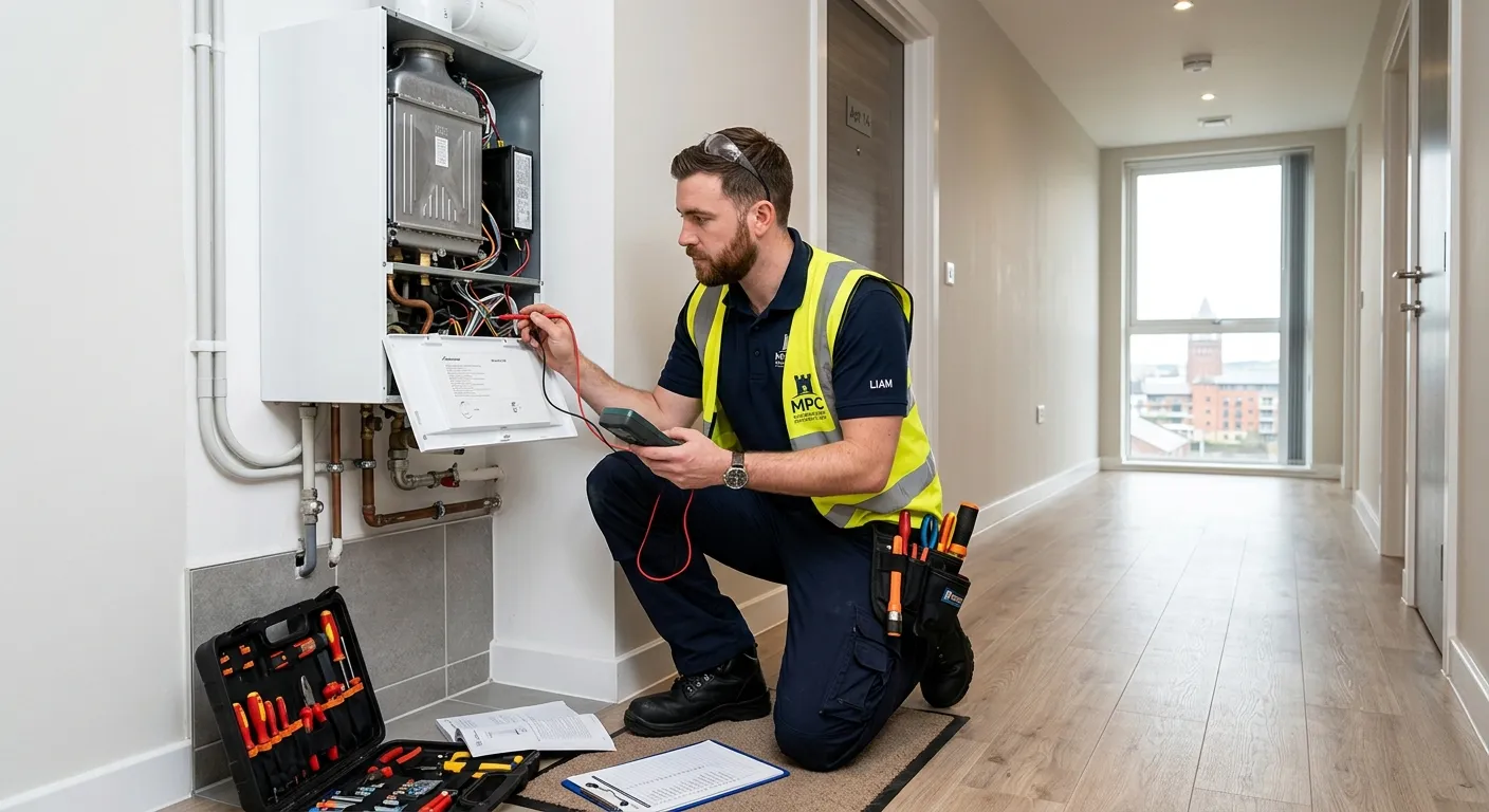 A professional, well-lit photograph of a focused Property Maintenance Operative in a clean, modern a... A professional, well-lit photograph of a focused Property Maintenance Operative in a clean, modern apartment building in Middlesbrough, performing a routine check on a boiler or electrical panel. The operative is wearing a branded polo shirt and safety gear, conveying trust and competence.
