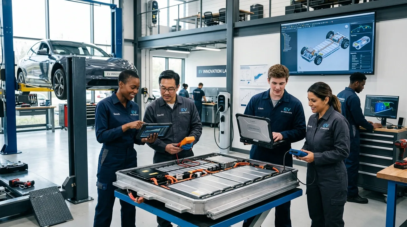 A dynamic, high-energy hero image showing a diverse team of automotive professionals collaborating i... A dynamic, high-energy hero image showing a diverse team of automotive professionals collaborating in a modern workshop or engineering office. Focus on skilled workers in clean uniforms, interacting with vehicle diagnostics, EV components, or CAD software. Style: Professional, vibrant, and forward-looking.