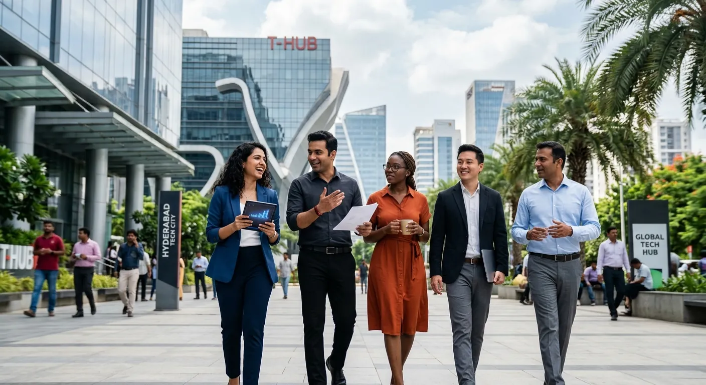 A professional, dynamic hero image featuring a diverse group of professionals in a modern Hyderabad business setting, such as a tech park or corporate office. The mood is collaborative, efficient, and forward-thinking, with a focus on people and connection.