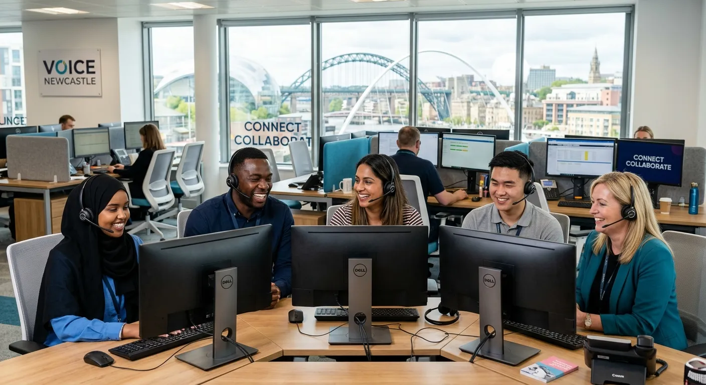 A professional, diverse team of call centre agents smiling and wearing headsets in a modern, bright office environment in Newcastle, conveying a positive and collaborative work atmosphere.