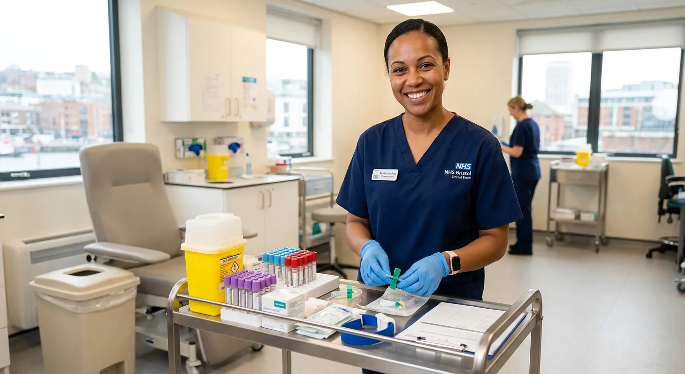 A professional, confident phlebotomist in a clinical setting in Bristol, smiling while preparing equipment, conveying trust and competence, bright and clean aesthetic