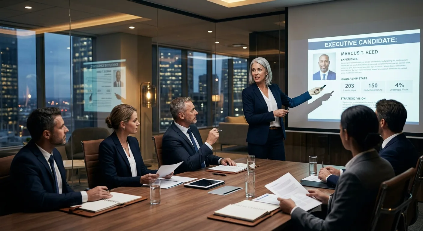 A professional, high-stakes business meeting in a modern boardroom. A confident headhunter presents... A professional, high-stakes business meeting in a modern boardroom. A confident headhunter presents a candidate profile to focused executives. Style: Corporate, sharp, with a mood of strategic decision-making and exclusivity.