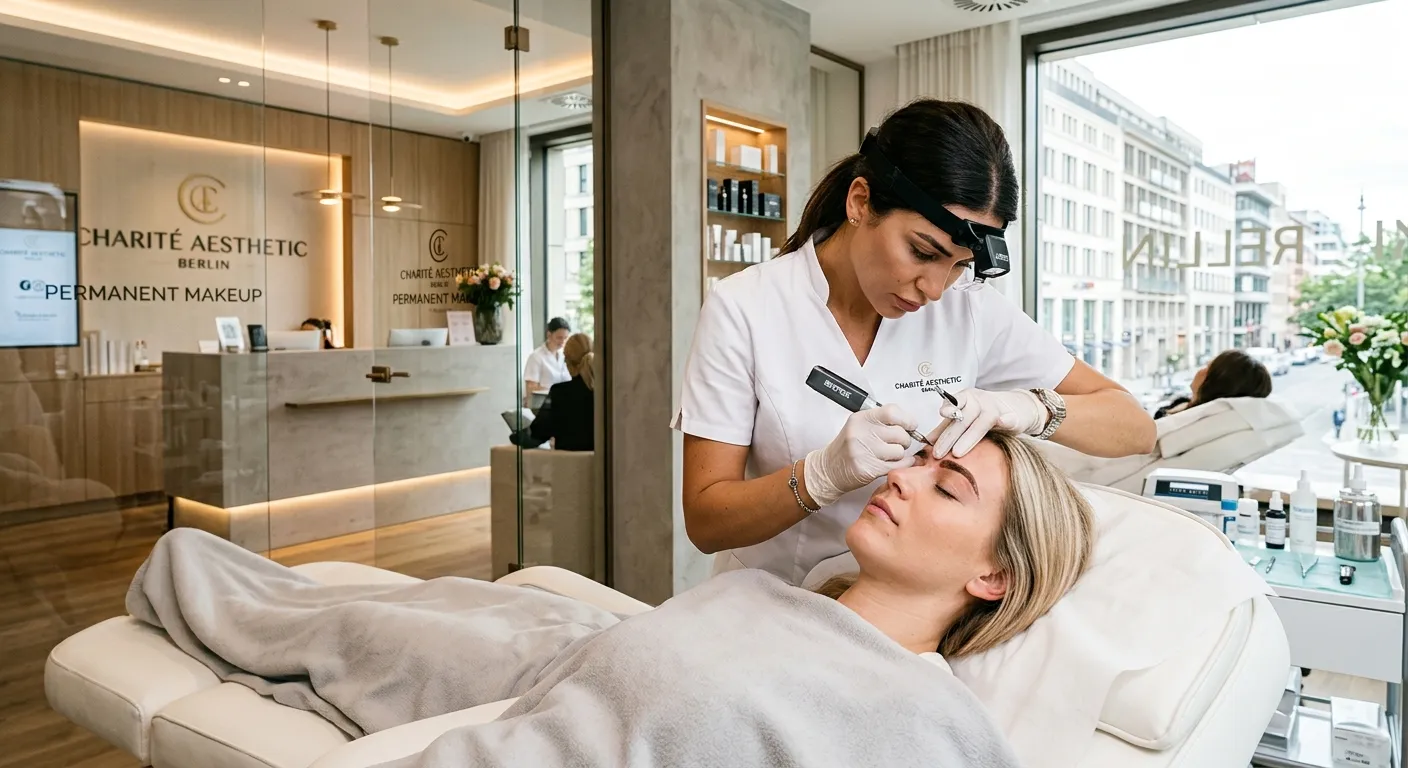 A dynamic, professional photo of a modern, well-lit aesthetic clinic in Berlin. A skilled Permanent... A dynamic, professional photo of a modern, well-lit aesthetic clinic in Berlin. A skilled Permanent Makeup (PMU) artist in a crisp white uniform is shown working meticulously on a client's brows. The mood is clean, precise, and high-end, conveying trust and expertise.