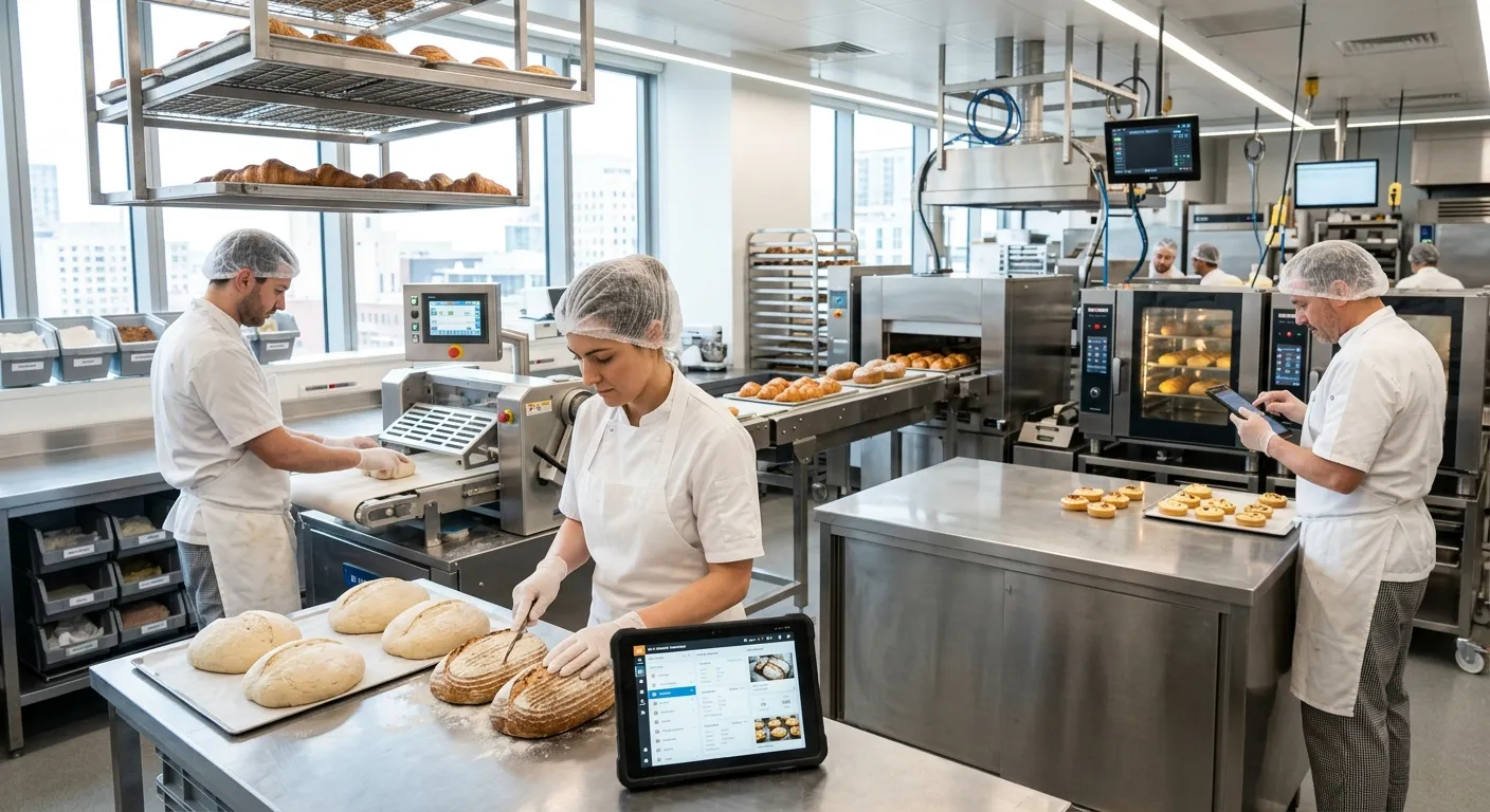 Modern, high-tech bakery production line with skilled bakers and pastry chefs working alongside digital tablets and automated machinery, showcasing a blend of artisan craft and technology in a bright, clean kitchen. Professional and vibrant mood.