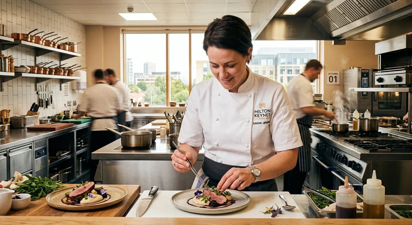 A professional and dynamic image of a chef in a modern commercial kitchen in Milton Keynes, confidently plating a dish. The kitchen is bright, clean, and well-organised, conveying a sense of urgency and high standards.