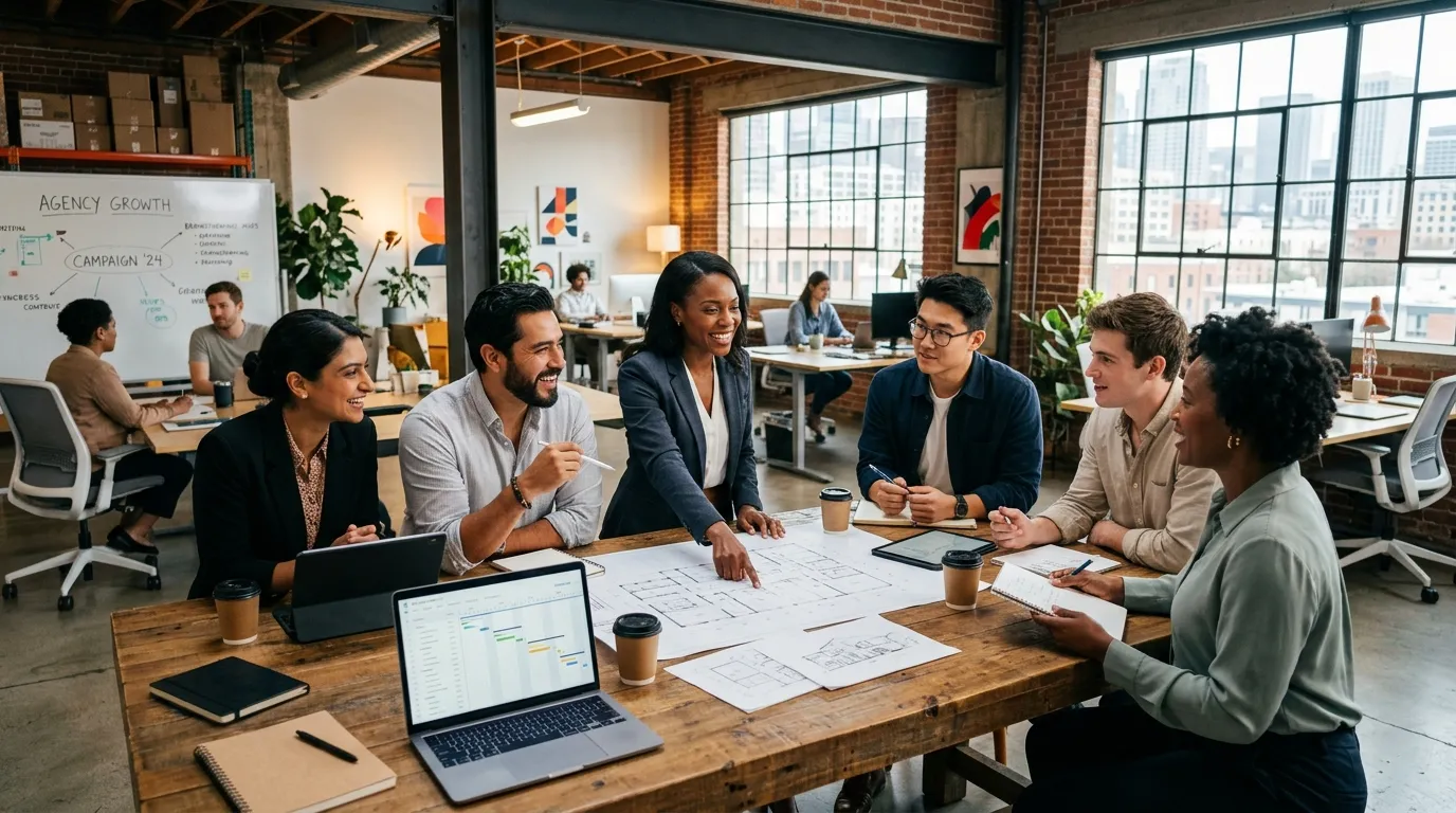 Professional hero image showing a diverse team of agency staff in a modern office or warehouse setti... Professional hero image showing a diverse team of agency staff in a modern office or warehouse setting, collaborating and looking engaged. Style: Corporate, vibrant, high-resolution. Mood: Confident, productive, and dynamic.