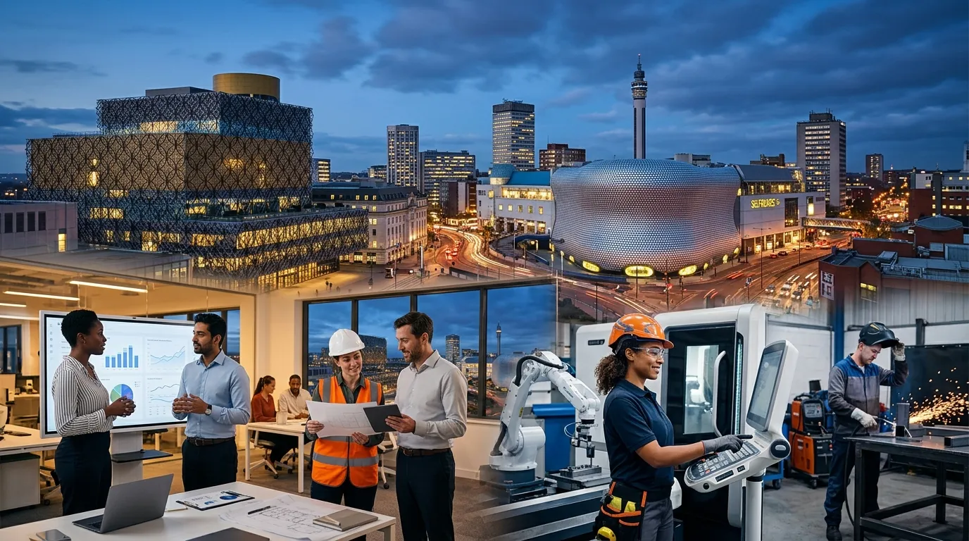 A dynamic, professional hero image of Birmingham's iconic skyline (Library of Birmingham, Bullring)... A dynamic, professional hero image of Birmingham's iconic skyline (Library of Birmingham, Bullring) blending with diverse professionals in modern office and industrial settings, conveying opportunity and connection. Moody, aspirational lighting.