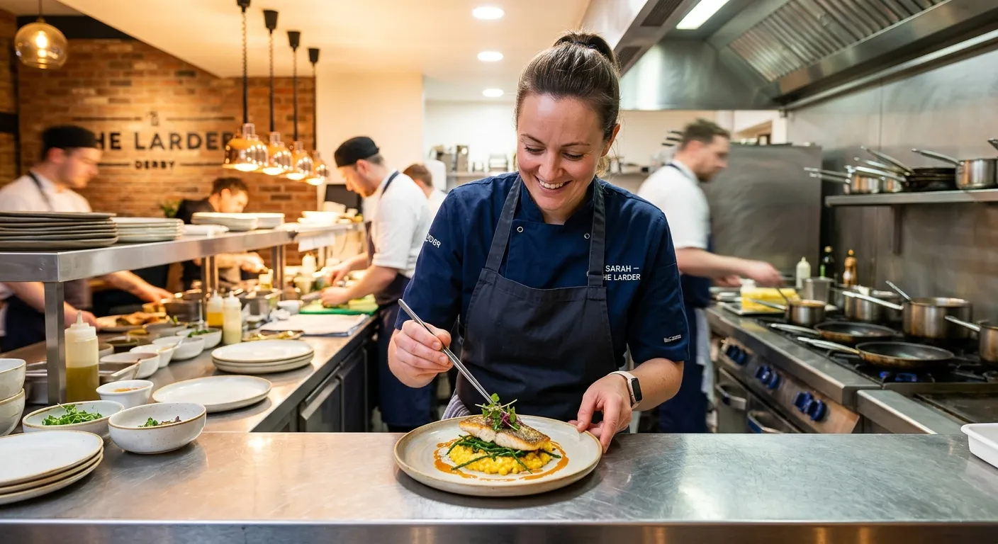 A professional Cook in a busy, modern kitchen in Derby, confidently plating a dish. High-quality, bright, and welcoming mood.
