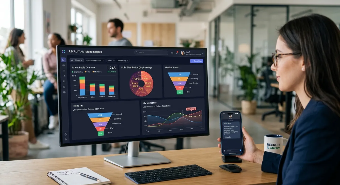 A modern, sleek dashboard on a recruiter's large monitor showing data visualizations of talent pools... A modern, sleek dashboard on a recruiter's large monitor showing data visualizations of talent pools, skill distributions, and market trends, with a smartphone showing a positive candidate feedback message overlay.