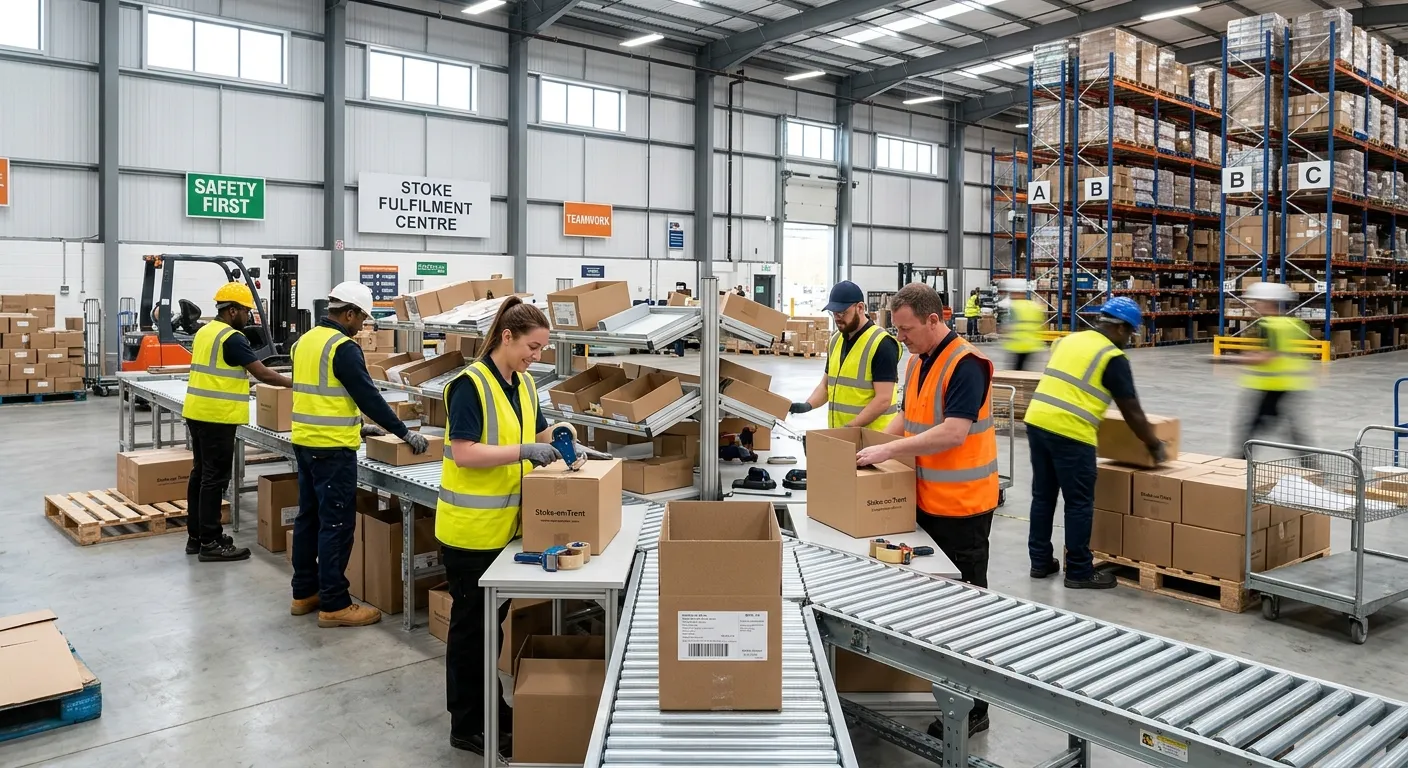 Professional photo of a modern, well-lit warehouse in Stoke-on-Trent, featuring a team of operatives in high-visibility vests working collaboratively on a packing line. The image should convey efficiency, teamwork, and a safe working environment.