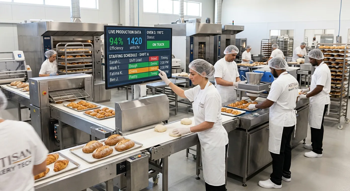 A modern, high-tech bakery production line with skilled bakers and pastry chefs working alongside digital screens displaying real-time data and staffing schedules. Professional, bright, and dynamic mood.