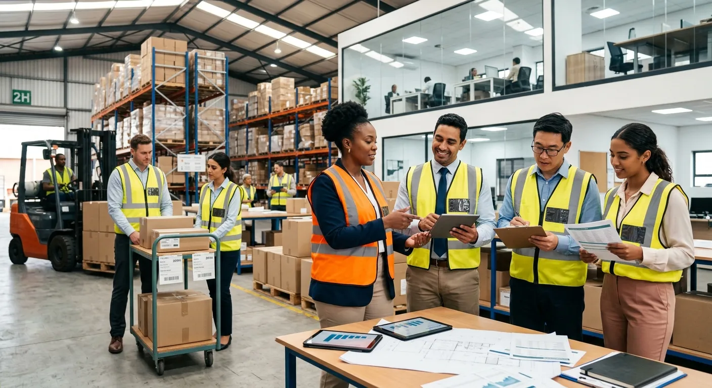 A dynamic, professional photo of a diverse group of temporary workers in high-visibility vests and b... A dynamic, professional photo of a diverse group of temporary workers in high-visibility vests and business attire collaborating in a modern warehouse and office environment, symbolising flexible workforce solutions. Style: Bright, energetic, with a focus on teamwork and action. Mood: Confident, efficient, and scalable.