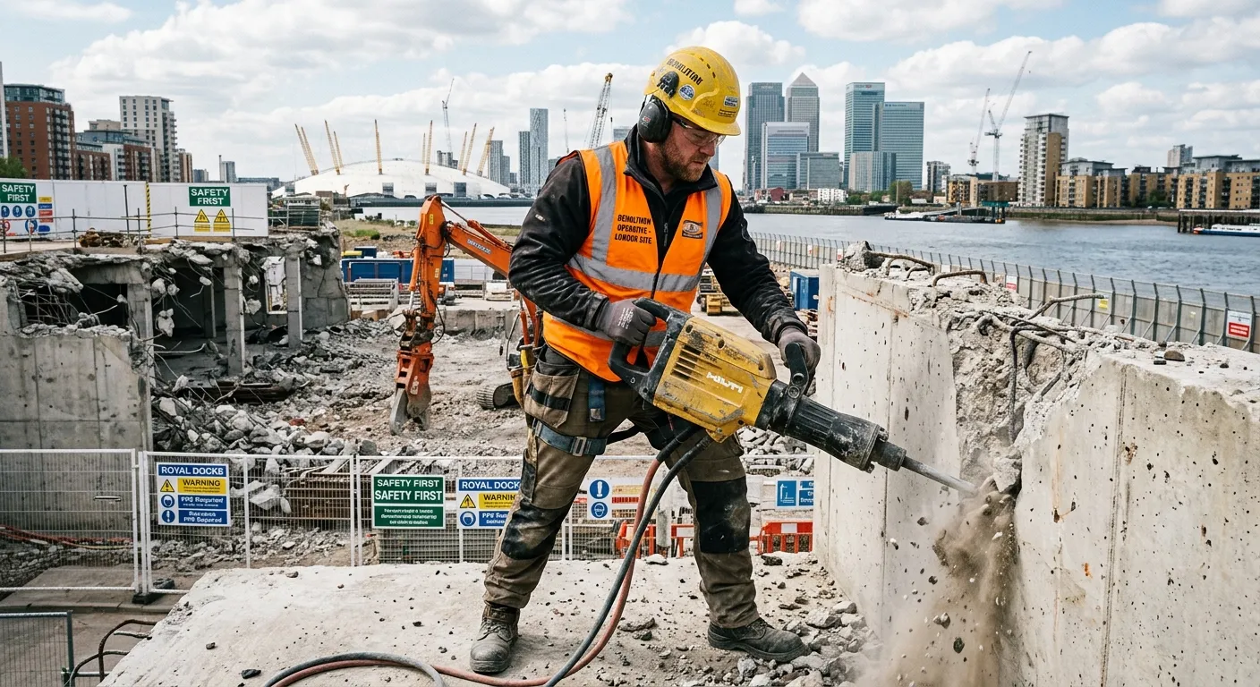 A professional, action-oriented photo of a Demolition Operative in full PPE (hard hat, hi-vis vest,... A professional, action-oriented photo of a Demolition Operative in full PPE (hard hat, hi-vis vest, safety glasses) safely operating a tool on a controlled demolition site in an urban London setting, like the Royal Docks. The image should convey professionalism, safety, and activity.