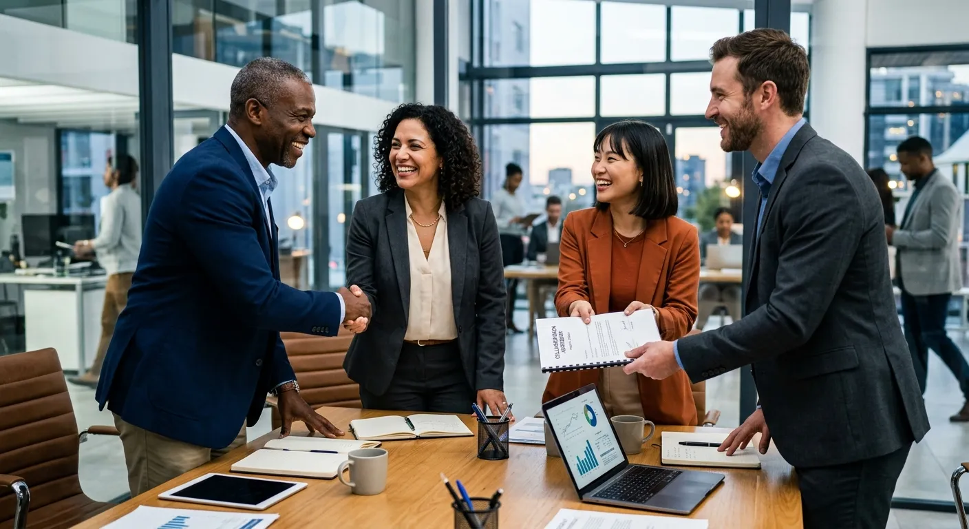 A professional, high-contrast photo of a diverse team of professionals in a modern office, shaking h... A professional, high-contrast photo of a diverse team of professionals in a modern office, shaking hands and smiling. One person is handing over a contract. The mood is confident, successful, and collaborative.