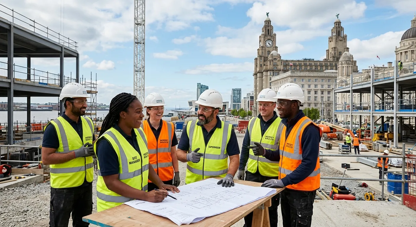 A diverse team of construction and general operatives in hi-vis vests and safety gear, smiling and c... A diverse team of construction and general operatives in hi-vis vests and safety gear, smiling and collaborating on a modern building site in Liverpool city centre, with the Liver Building visible in the background. Style: Professional, realistic, aspirational. Mood: Confident, ready-to-work, team-oriented.