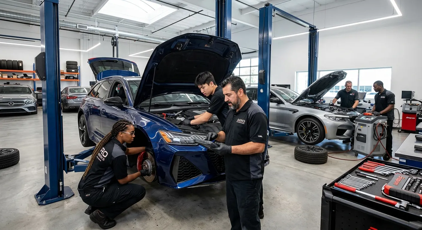 A modern, well-lit automotive workshop with a diverse team of skilled technicians working collaborat... A modern, well-lit automotive workshop with a diverse team of skilled technicians working collaboratively on vehicles, showcasing professionalism and industry expertise. Style: professional photography, high contrast, vibrant colors.