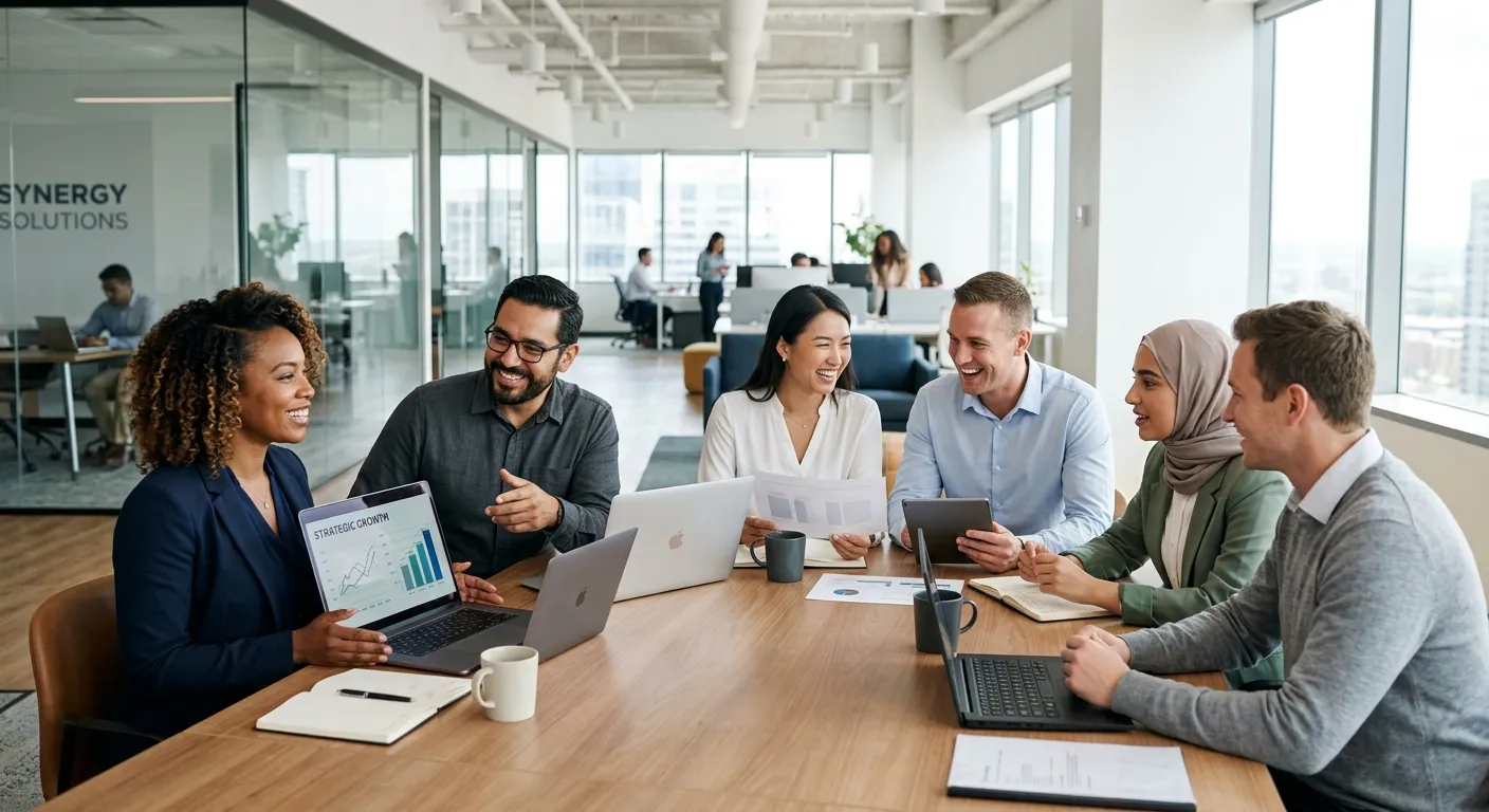 A diverse group of confident, professional employees in a modern office setting, smiling and collabo... A diverse group of confident, professional employees in a modern office setting, smiling and collaborating. Style: Professional corporate photography with bright, natural lighting. Mood: Successful, trustworthy, and forward-thinking.