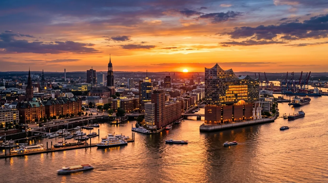 A wide, professional hero shot of Hamburg's skyline at sunset, featuring the Elbphilharmonie and the harbor, with a warm, inviting glow. Style: Modern, aspirational, high-contrast.