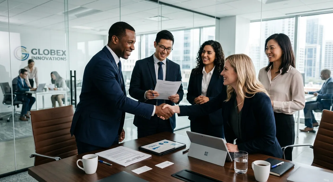 A professional, high-resolution image of a diverse group of satisfied business professionals in a mo... A professional, high-resolution image of a diverse group of satisfied business professionals in a modern office, shaking hands and reviewing documents. Style: Corporate, bright, and aspirational. Mood: Trust, success, and partnership.