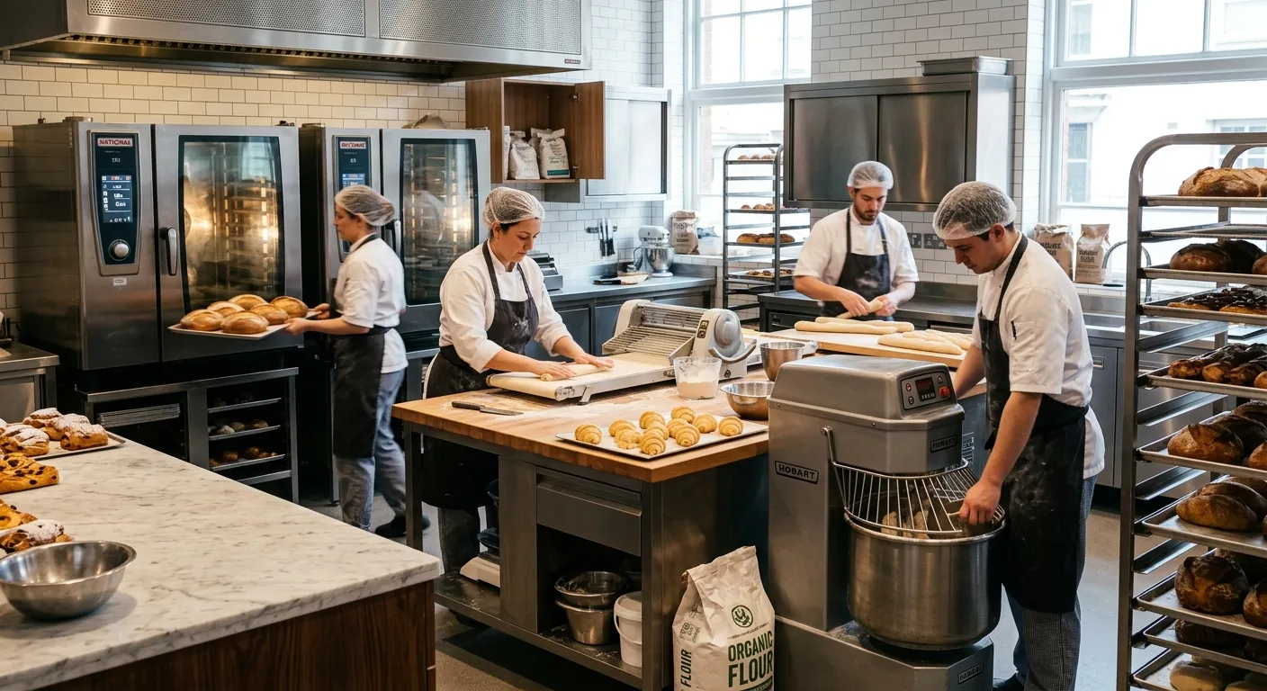 A modern, high-end bakery kitchen in action, with skilled bakers in crisp uniforms using state-of-th... A modern, high-end bakery kitchen in action, with skilled bakers in crisp uniforms using state-of-the-art mixers and ovens, showcasing a blend of traditional craftsmanship and modern technology. Mood: Professional, vibrant, and efficient.