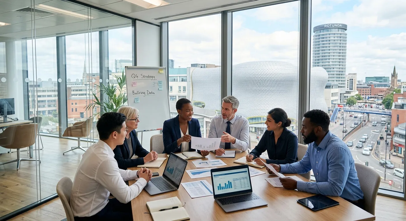 A professional, high-resolution photograph of a diverse team of finance professionals collaborating in a modern, glass-walled office in Birmingham city centre, with the iconic Bullring or Rotunda building visible through the window. Style: Corporate, bright, and aspirational.