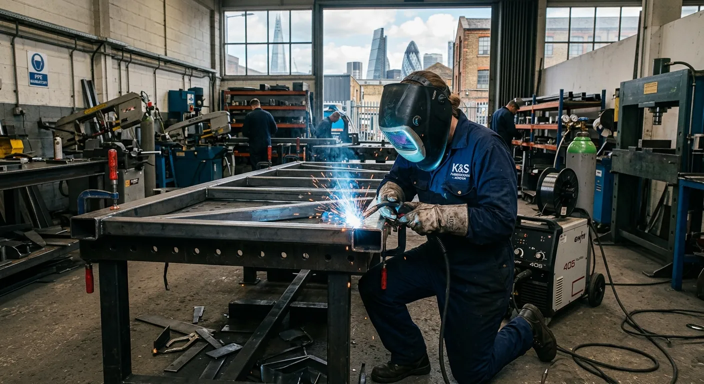 A professional welder in a modern fabrication workshop in an industrial area of London, wearing full PPE including helmet, gloves, and flame-resistant overalls, skillfully MIG welding a steel structure. The image should convey precision, safety, and high-quality workmanship.
