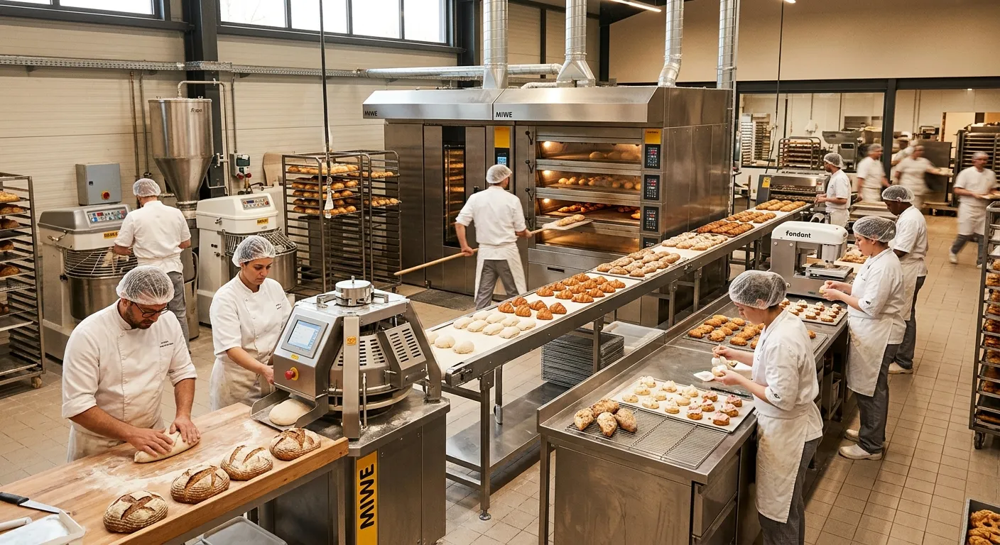 A dynamic, modern bakery production line with skilled bakers and pastry chefs at work, showcasing a... A dynamic, modern bakery production line with skilled bakers and pastry chefs at work, showcasing a blend of traditional craftsmanship and high-tech kitchen equipment, mood is professional, vibrant, and efficient.