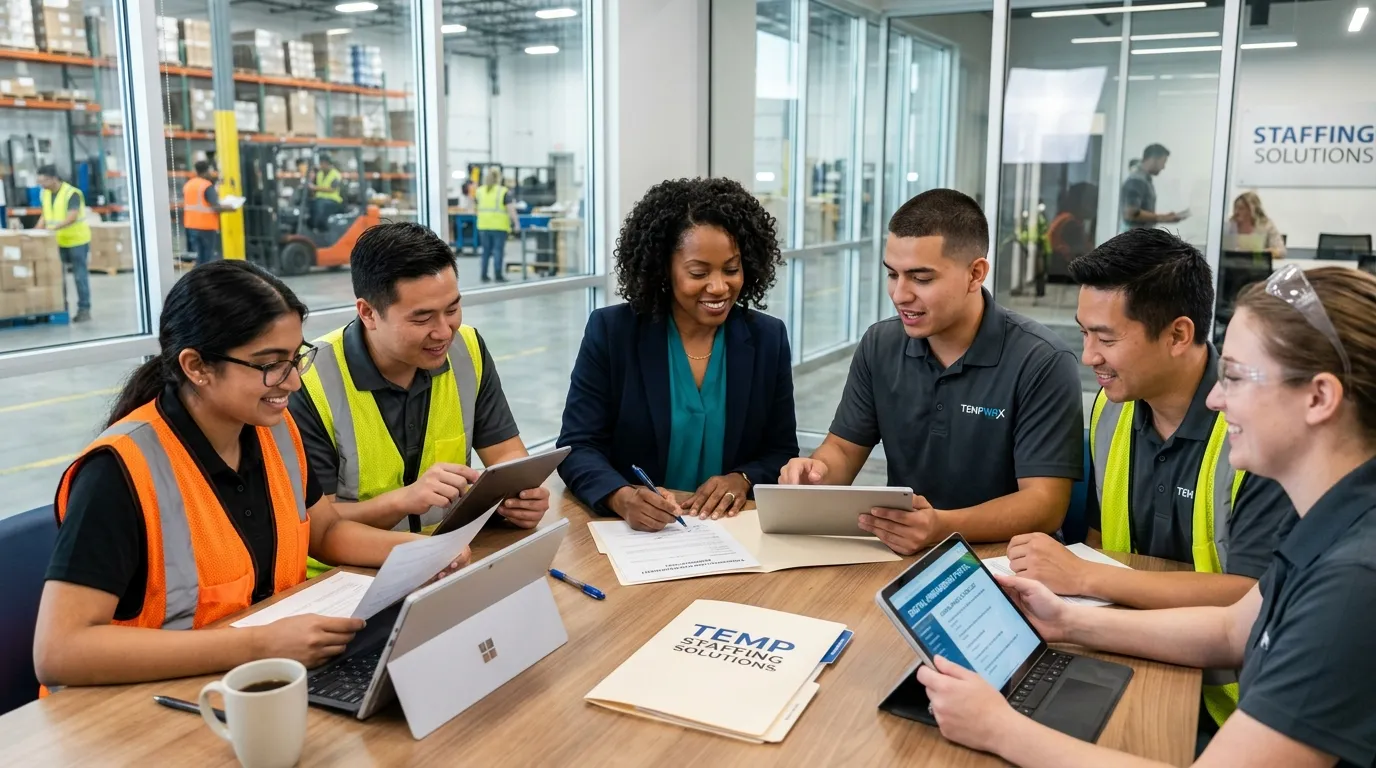 A professional, dynamic hero image showing a diverse team of temporary workers and a hiring manager... A professional, dynamic hero image showing a diverse team of temporary workers and a hiring manager collaborating in a modern office or warehouse environment, with a focus on paperwork and digital tablets symbolising compliance and efficient hiring.