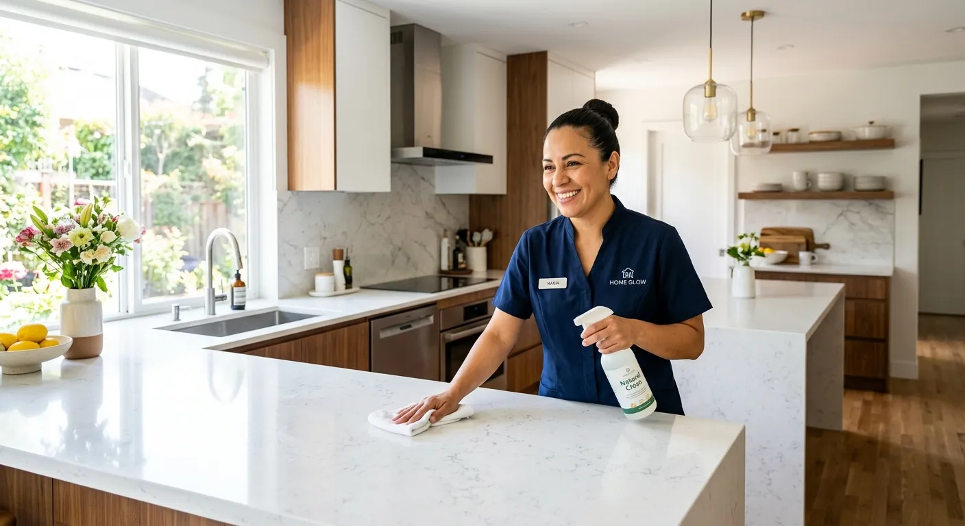 A professional, happy housekeeper in a clean, sunlit modern kitchen, smiling while polishing a counter. Style is bright, professional, and aspirational.