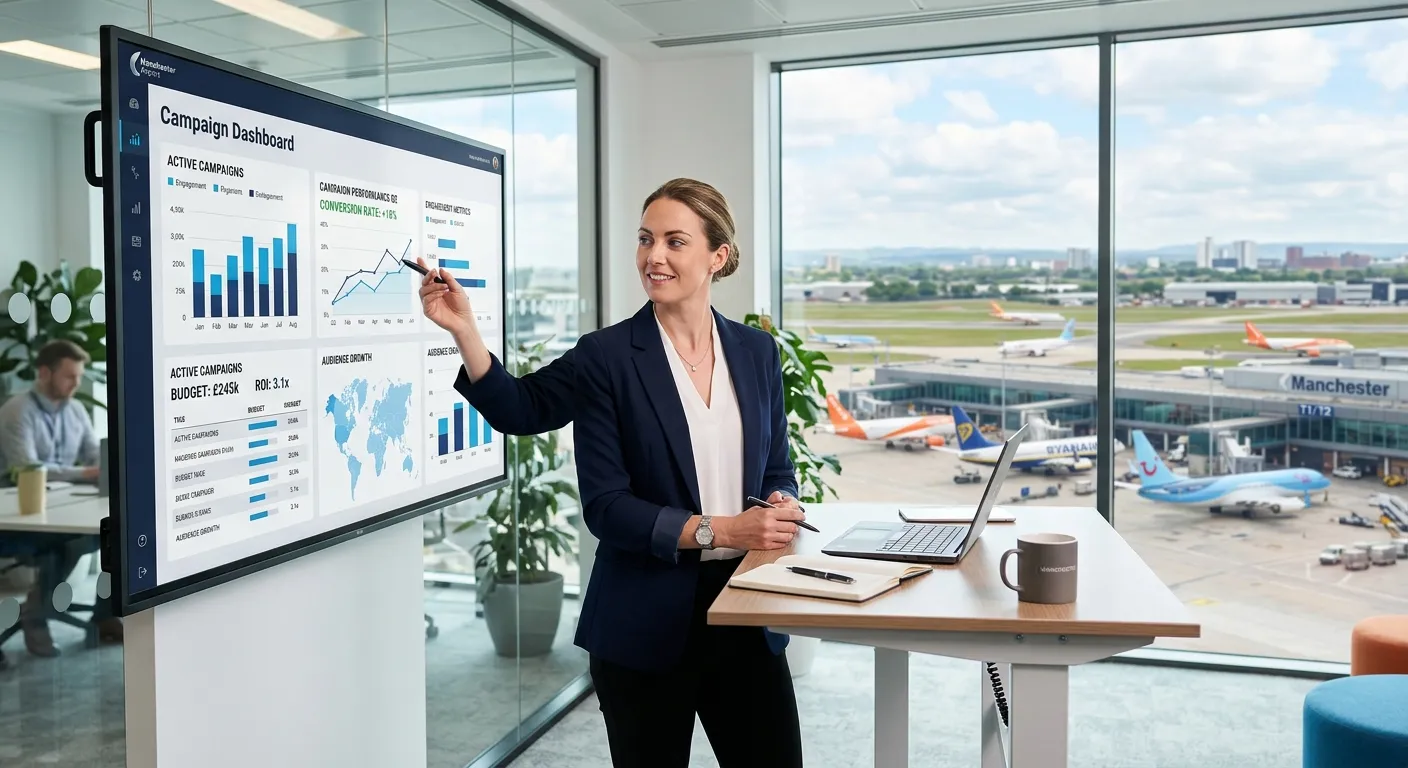 A professional, confident Marketing Executive in a modern office environment, reviewing a campaign d... A professional, confident Marketing Executive in a modern office environment, reviewing a campaign dashboard on a large screen. In the background, a subtle view of Manchester Airport terminal and planes. Style: Corporate, aspirational, bright and sharp.