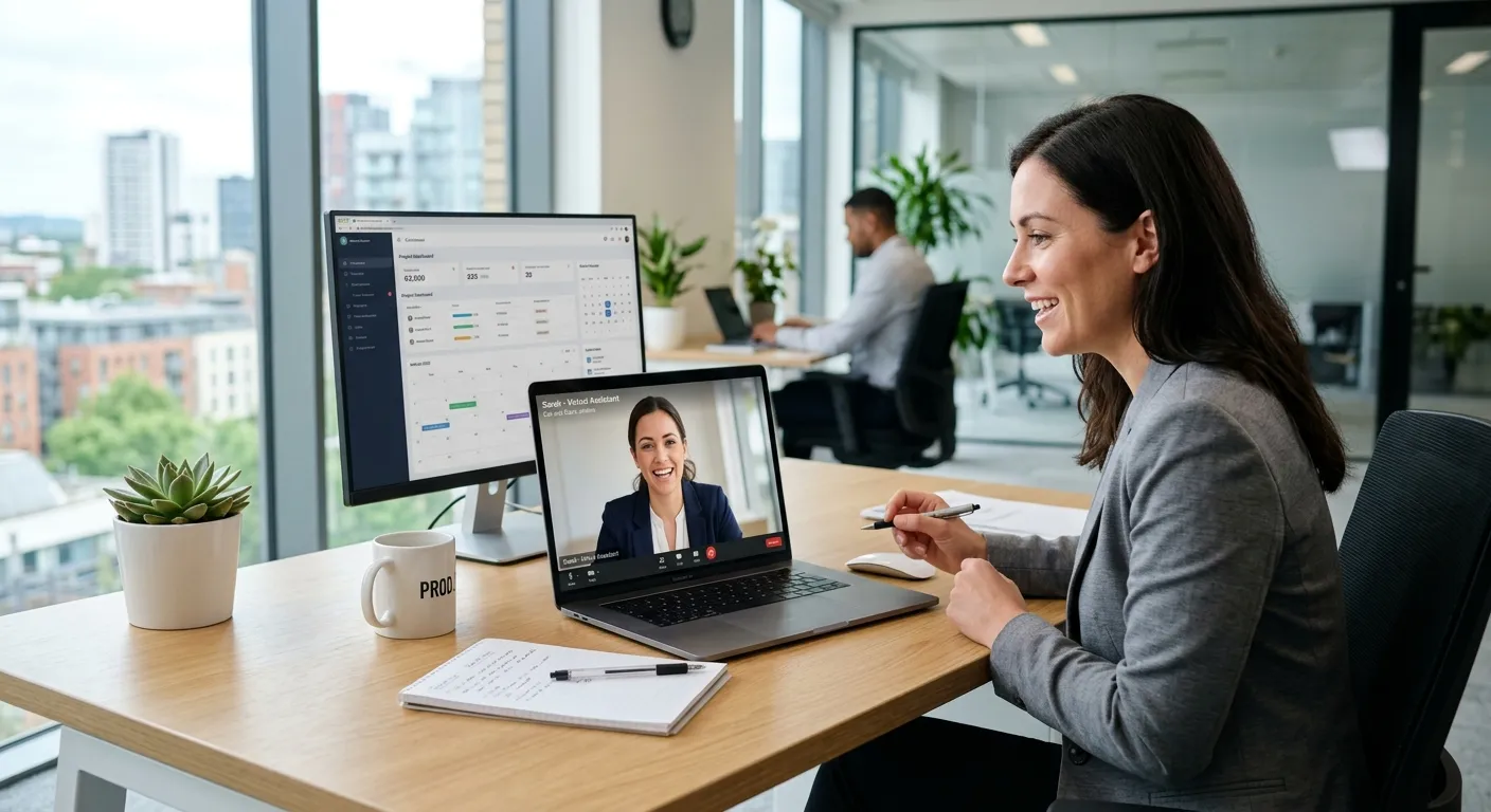 A professional, modern workspace with a laptop open to a video call with a virtual assistant. The assistant is smiling and professional. Style: Clean, bright, corporate. Mood: Efficient, productive, collaborative.