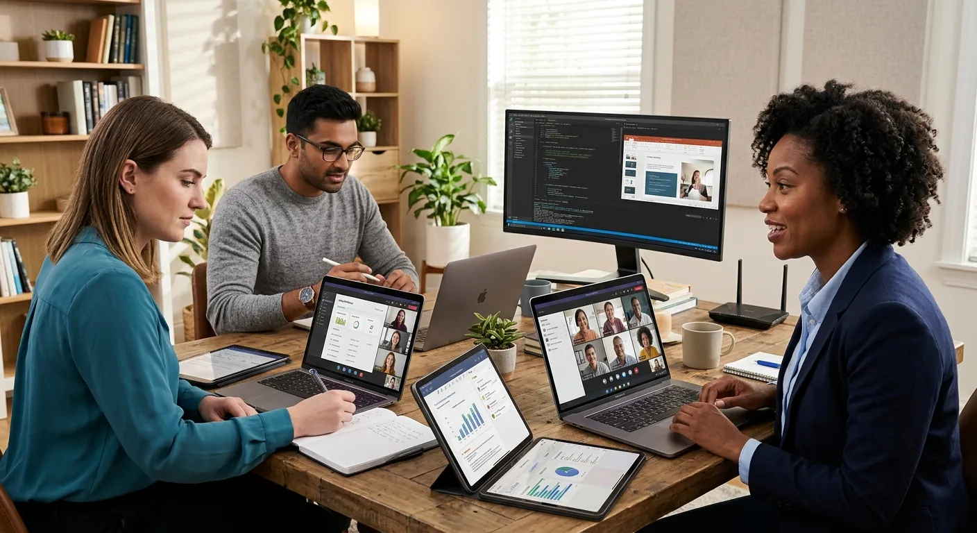 A professional, high-contrast photo of a diverse team collaborating virtually on laptops and tablets... A professional, high-contrast photo of a diverse team collaborating virtually on laptops and tablets, showcasing a modern, efficient home office environment. Style: Corporate, bright, and focused.