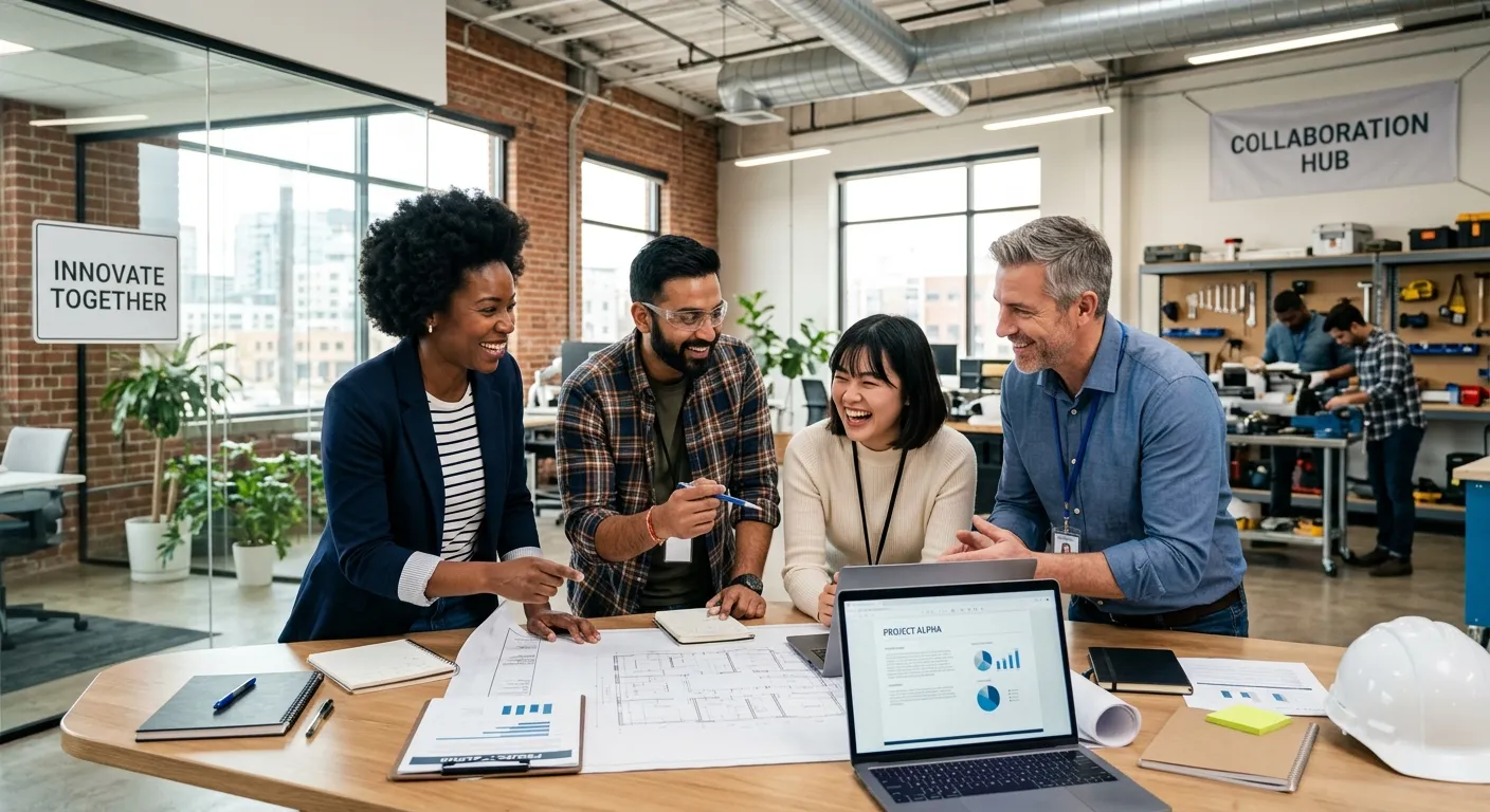 A diverse group of professional workers in a modern office or light industrial setting, smiling and collaborating. The style is professional, bright, and aspirational, with a focus on teamwork and a positive work environment.
