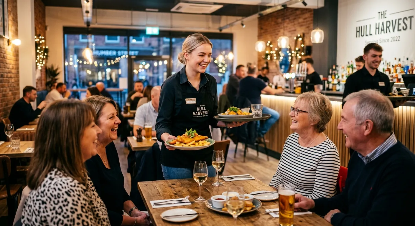 Professional, vibrant photo of a friendly waiter/waitress in a modern Hull restaurant setting, confidently serving customers. Scene conveys energy, hospitality, and a positive team atmosphere.