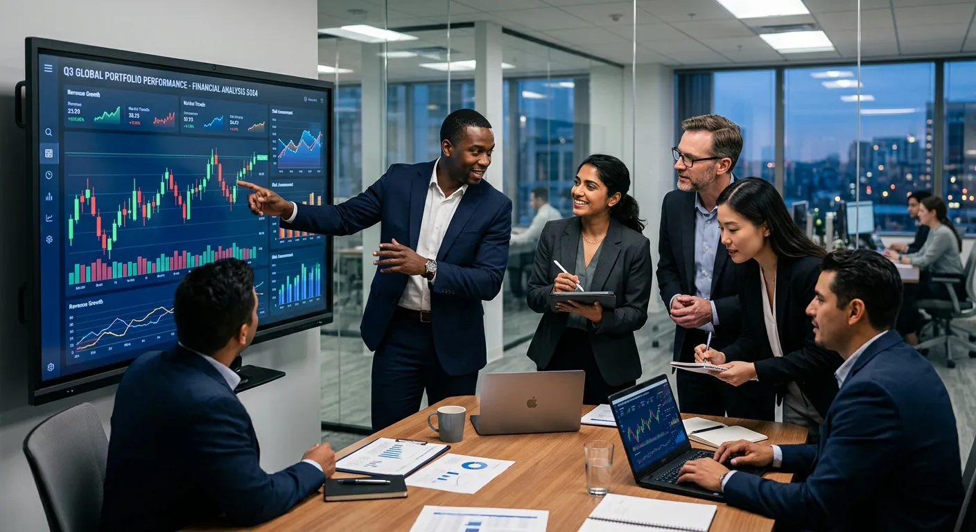 A professional, high-contrast image of a diverse team of finance professionals collaborating in a modern office. They are reviewing financial charts on a large screen. Style: Corporate, crisp, and confident. Mood: Efficient and collaborative.