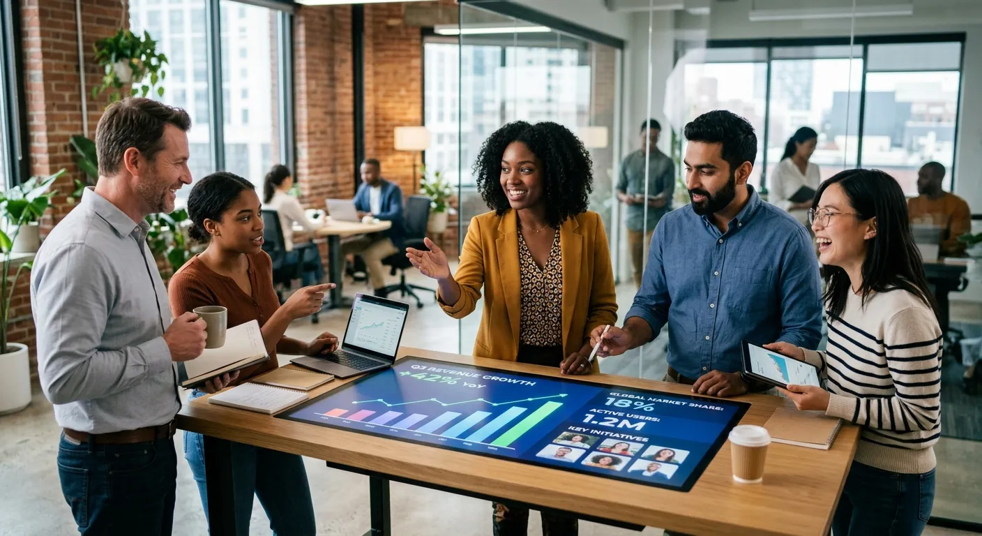 A dynamic, professional photograph of a diverse team in a modern office collaborating around a digit... A dynamic, professional photograph of a diverse team in a modern office collaborating around a digital growth chart. The style is vibrant and energetic, with a focus on teamwork and data-driven decision-making.