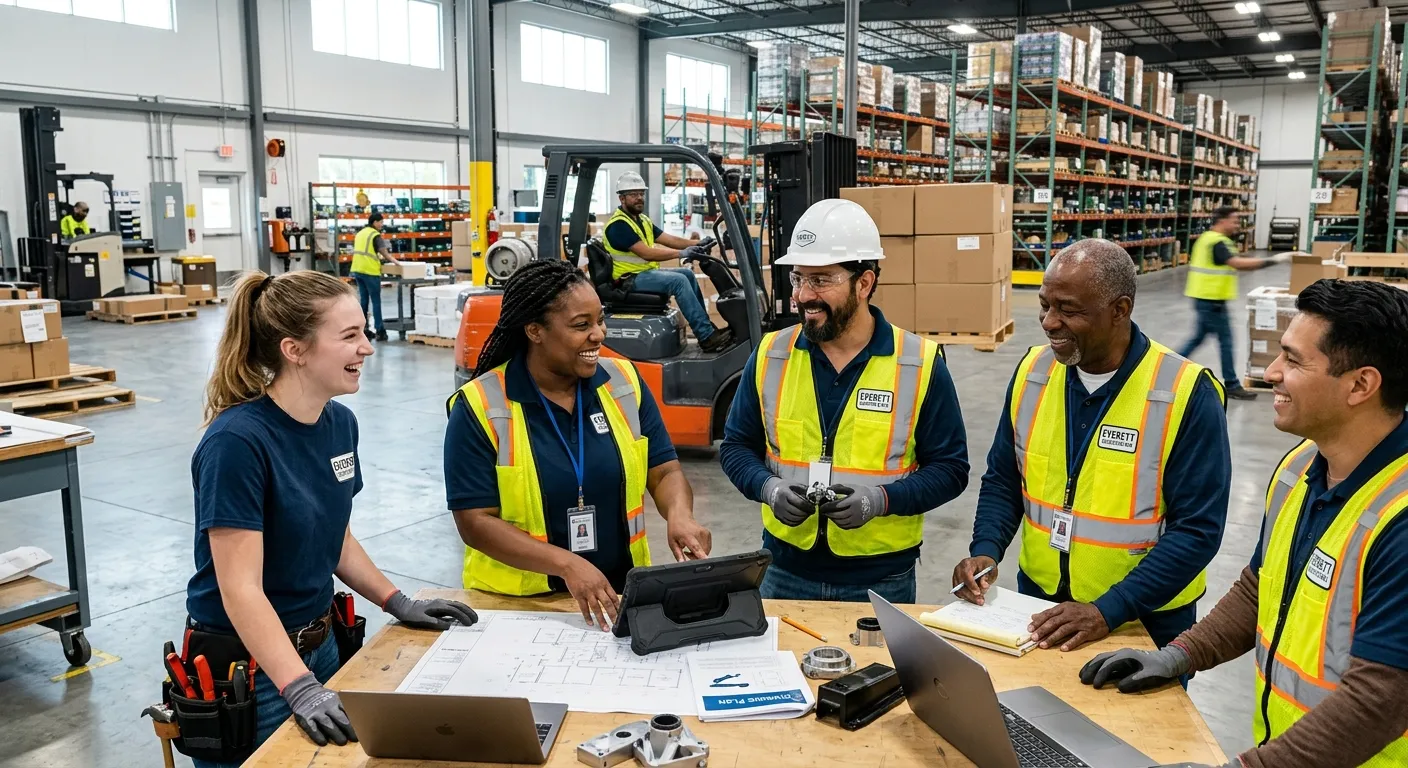 A professional, high-energy photo of a diverse team of skilled workers in a modern Everett warehouse or light industrial setting, collaborating and smiling. The image should convey productivity, reliability, and partnership.