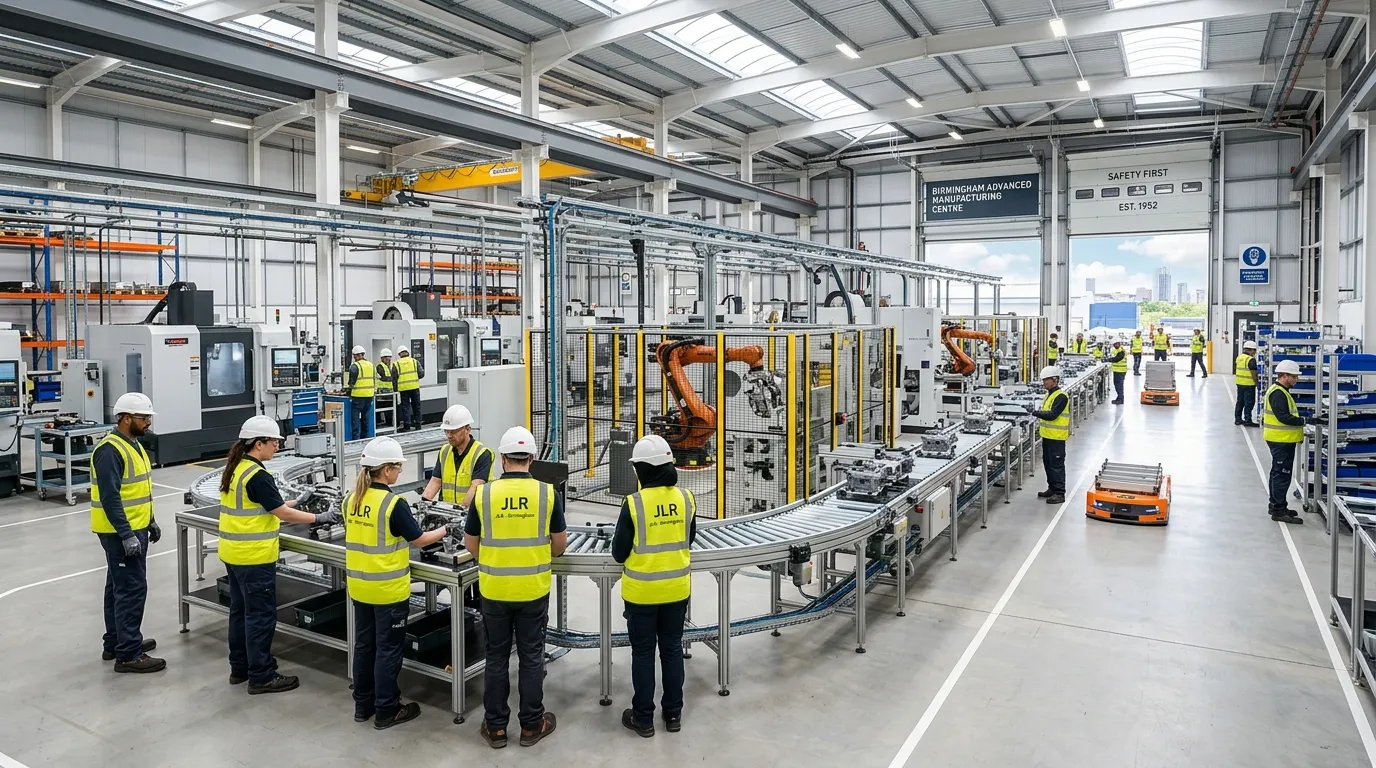 A wide-angle, brightly lit photo of a modern factory production floor in Birmingham, with clean line... A wide-angle, brightly lit photo of a modern factory production floor in Birmingham, with clean lines, workers in high-vis vests, and automated machinery in the background