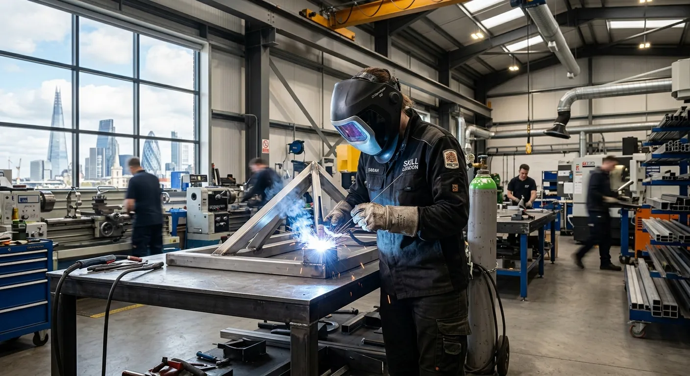 A professional welder in full safety gear, focused on precision welding in a modern, well-lit industrial workshop in London, conveying skill and opportunity.