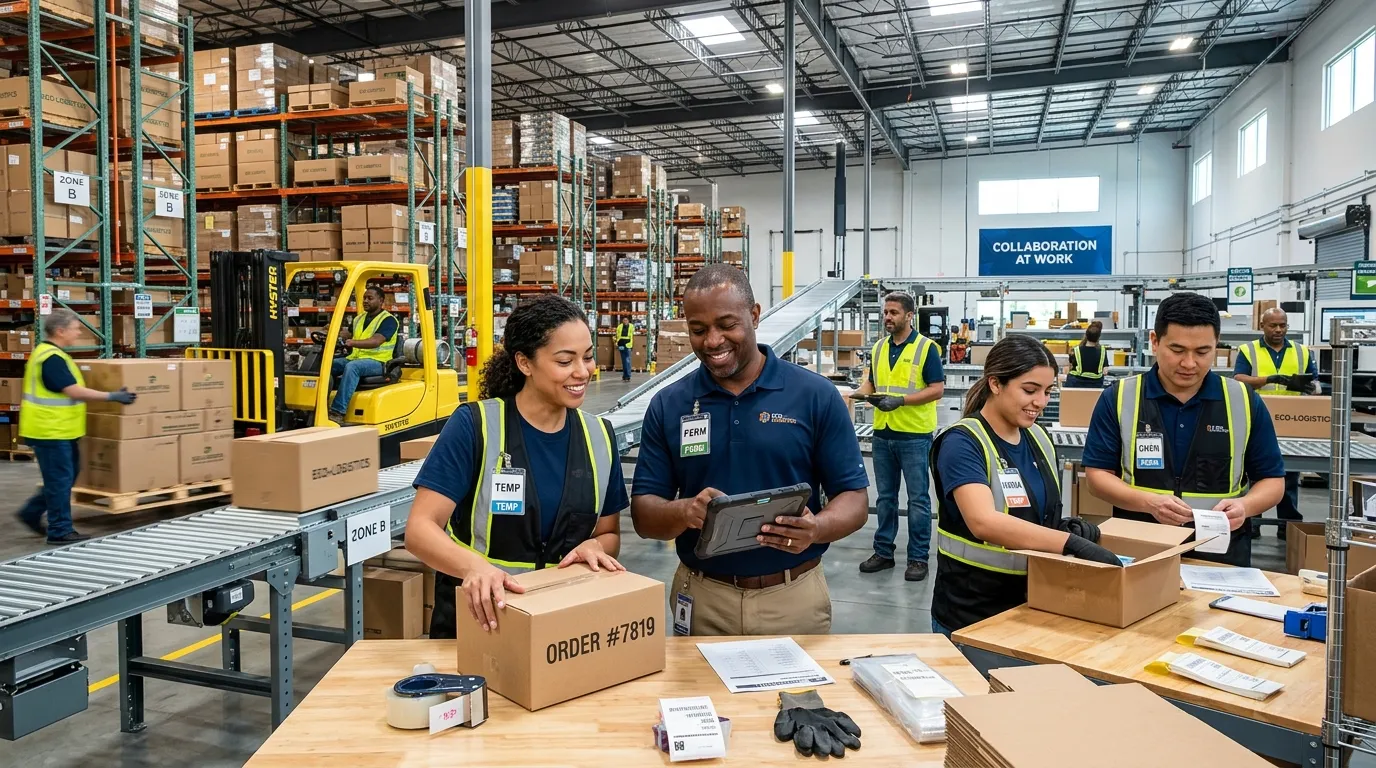 A dynamic, professional hero image showing a diverse team of temporary workers in a modern warehouse or office setting, collaborating seamlessly with permanent staff. Style is bright, high-contrast, and conveys energy and efficiency.