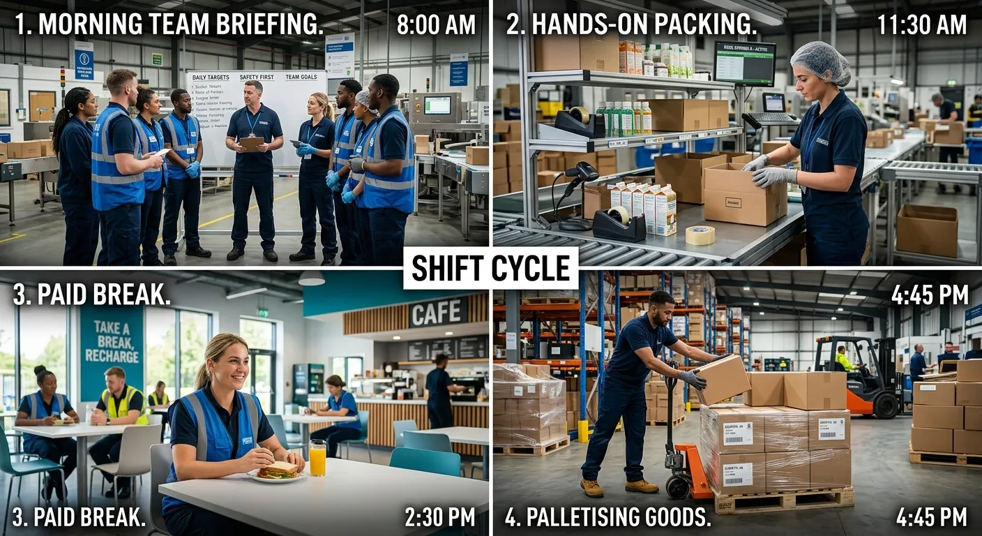A dynamic, split-screen graphic showing the four key phases of a Production Packer's shift: 1) Morning team briefing, 2) Hands-on packing at a station, 3) A worker on a paid break in a modern canteen, 4) Palletising finished goods for dispatch.