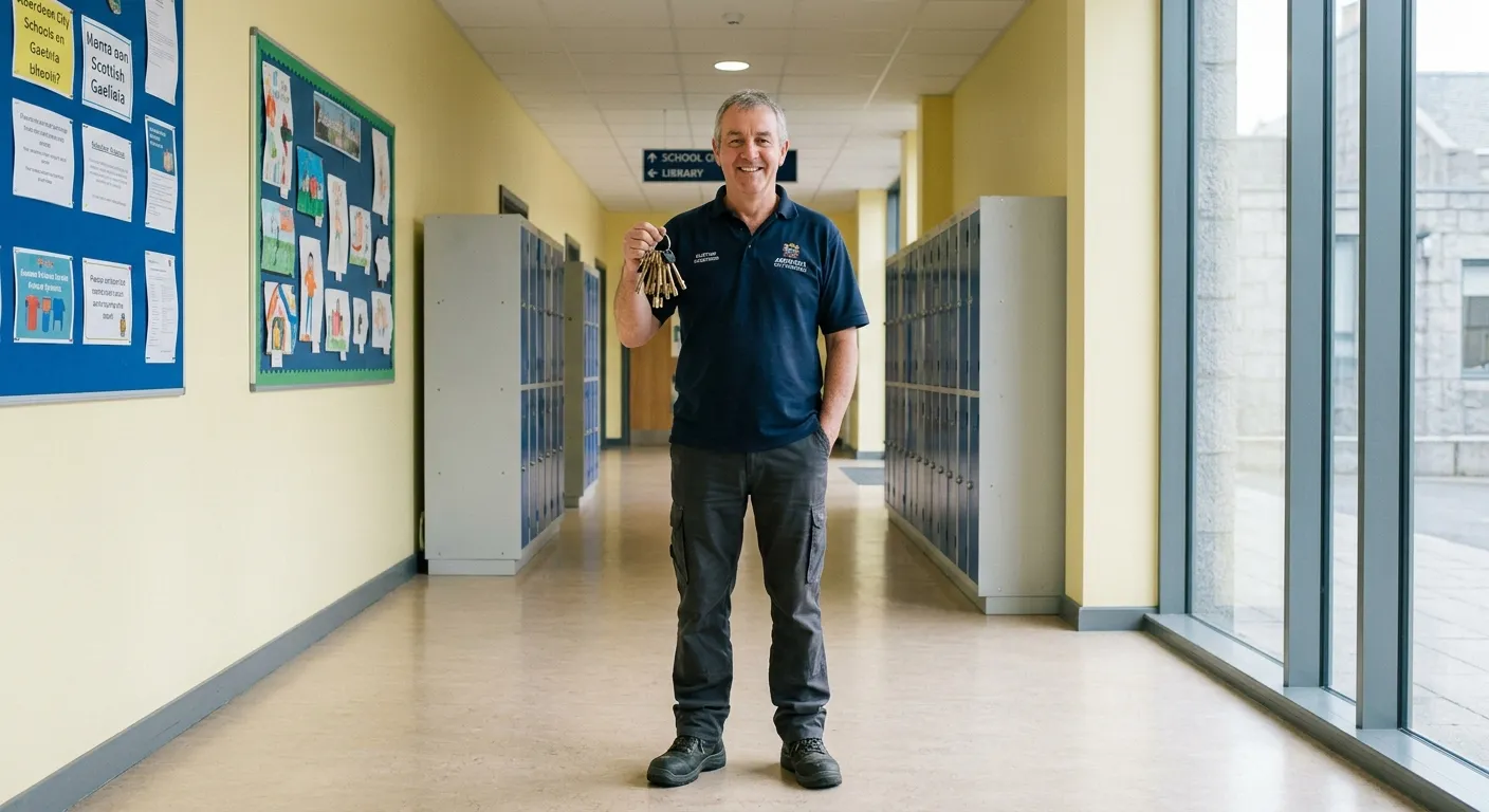 A professional, welcoming image of a School Caretaker in Aberdeen, holding a set of keys and smiling, standing in a clean, well-maintained school corridor with natural light. The mood is trustworthy, practical, and local.