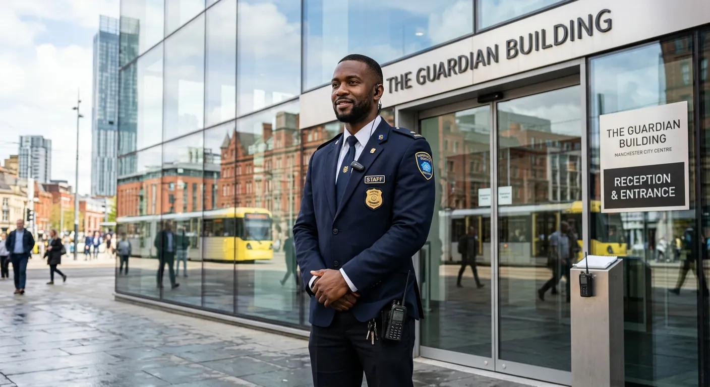 A professional, confident security guard in uniform, standing at the entrance of a modern office bui... A professional, confident security guard in uniform, standing at the entrance of a modern office building in Manchester city centre. The image should convey trust, vigilance, and professionalism.